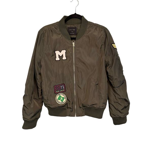 Love Tree Bomber Jacket Women Large Military Patches Full Zip Long Sleeves Green - Picture 1 of 10